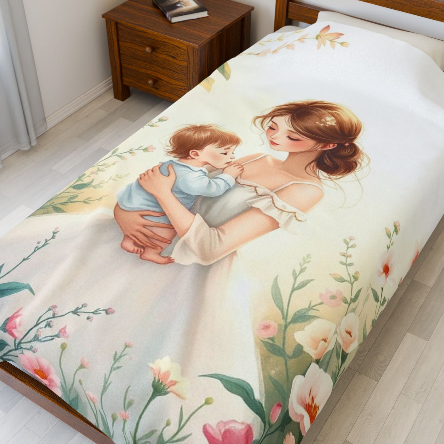 Mom and Baby Floral Velveteen Plush Blanket - Cozy Decor