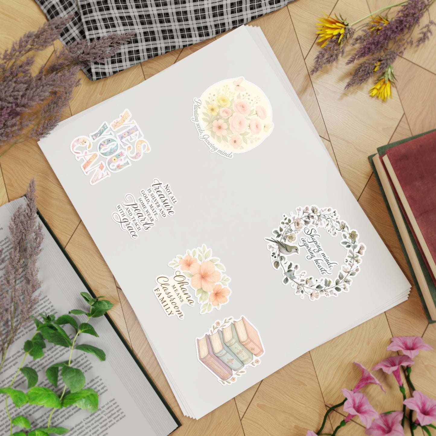 Teacher Sticker Sheet Bundle, Floral and Motivational Stickers, Planner Accessories, Scrapbooking, Teacher Gift, Stationery Decor