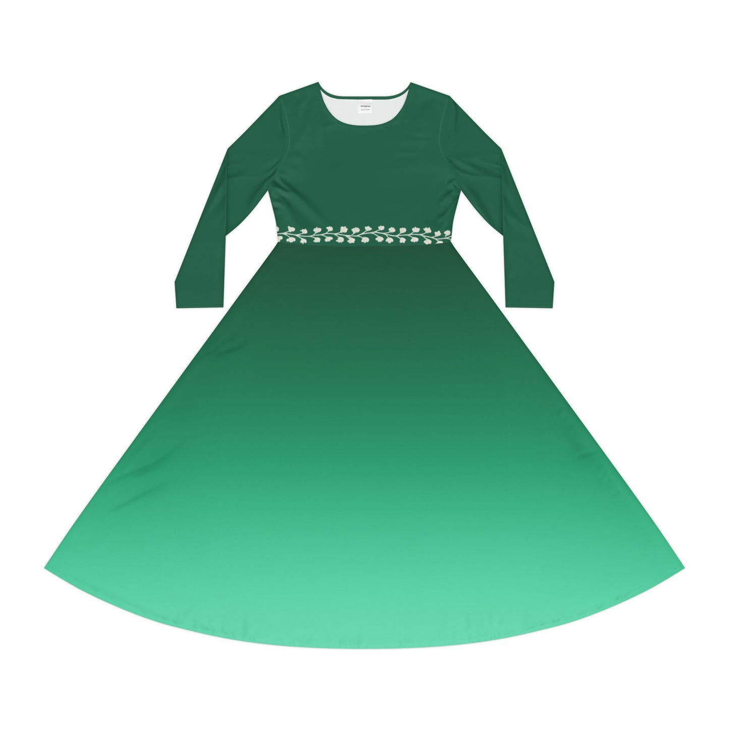 Dance Dress Ombre Emerald Midi Dress with Vine Waistband, Fall/Winter Illusion Design, Formal Evening Party Outfit Casual Wear, Elegant