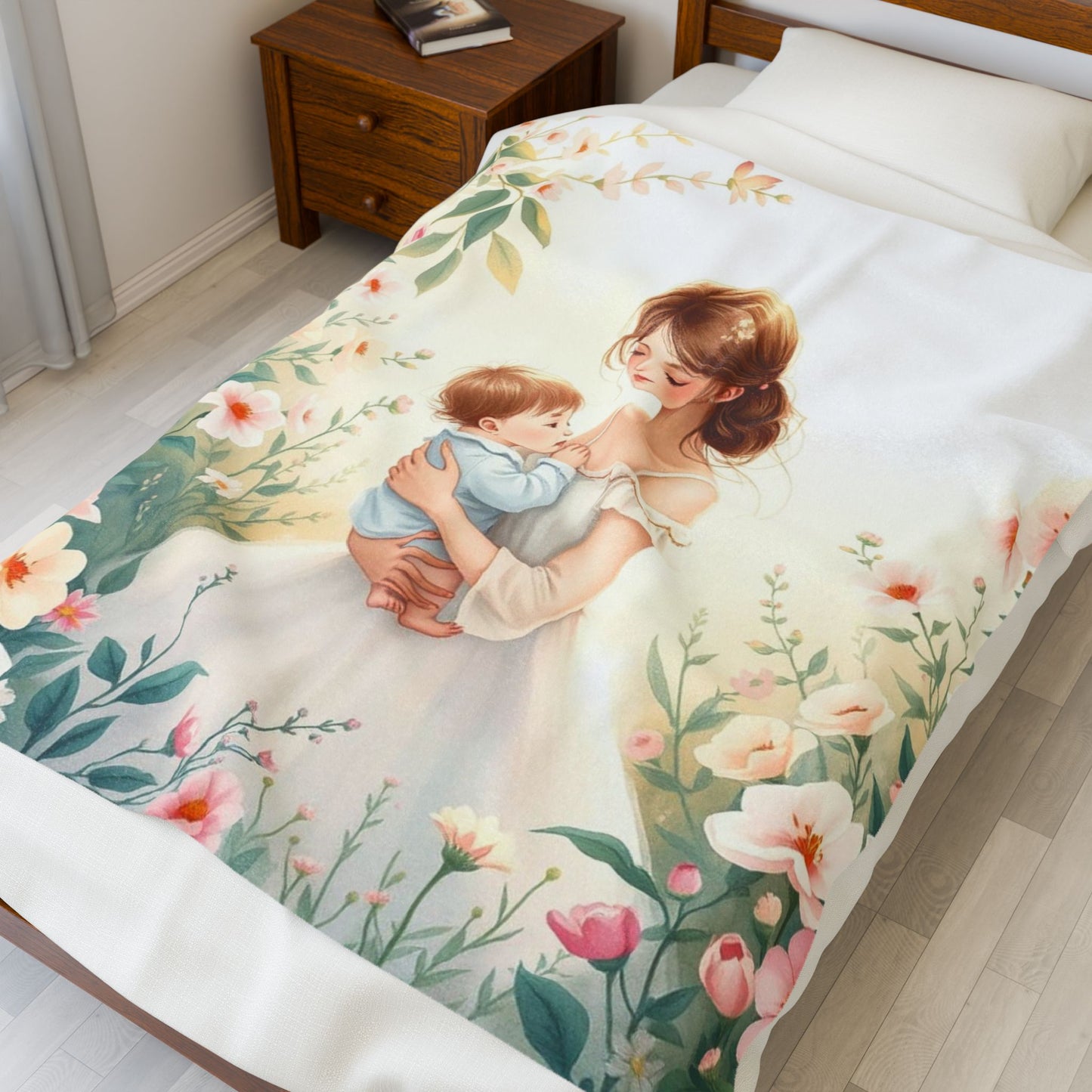 Mom and Baby Floral Velveteen Plush Blanket - Cozy Decor