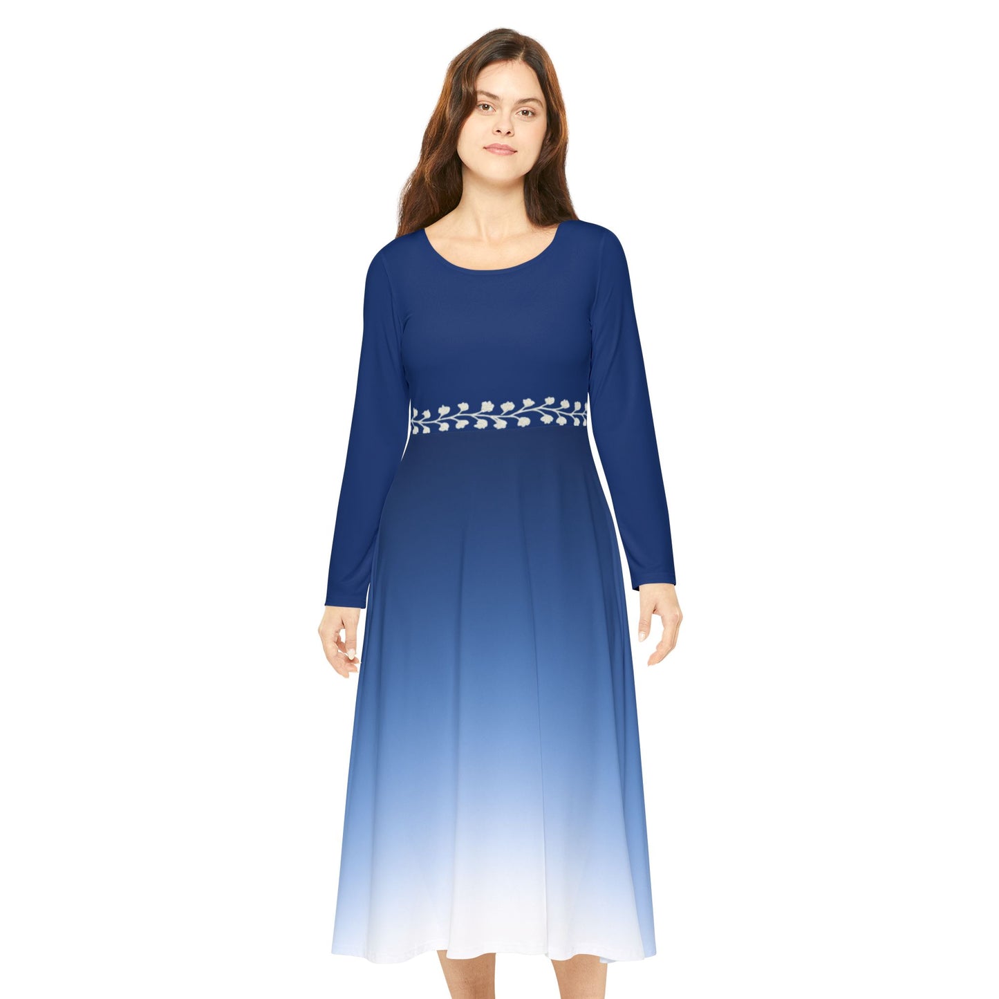 Gemstone Collection Dance Dress: Sapphire Ombre Women's Long Sleeve Elegant Modest Fall Winter Dress Vine Illusion Waistband Design Formal Evening or Casual