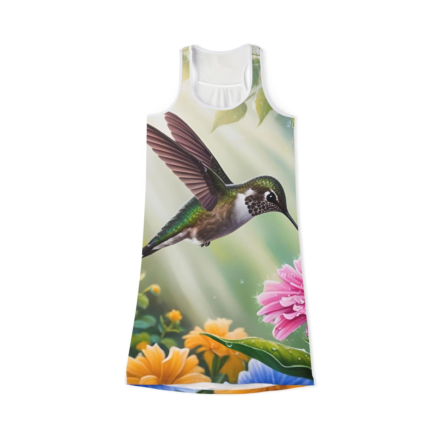 Majestic Hummingbird Racerback Dress, Summer Sun Dress, Casual Wear, Beach Day Out, Garden Party, Eco-Friendly Fashion, Nature Inspired