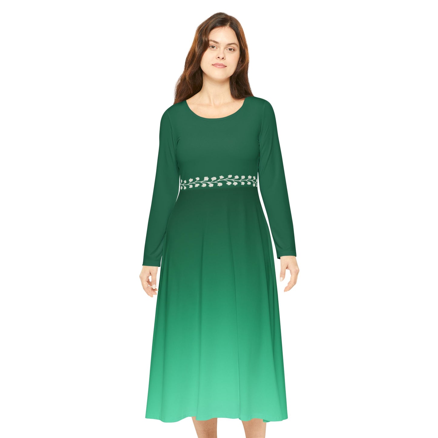 Dance Dress Ombre Emerald Midi Dress with Vine Waistband, Fall/Winter Illusion Design, Formal Evening Party Outfit Casual Wear, Elegant