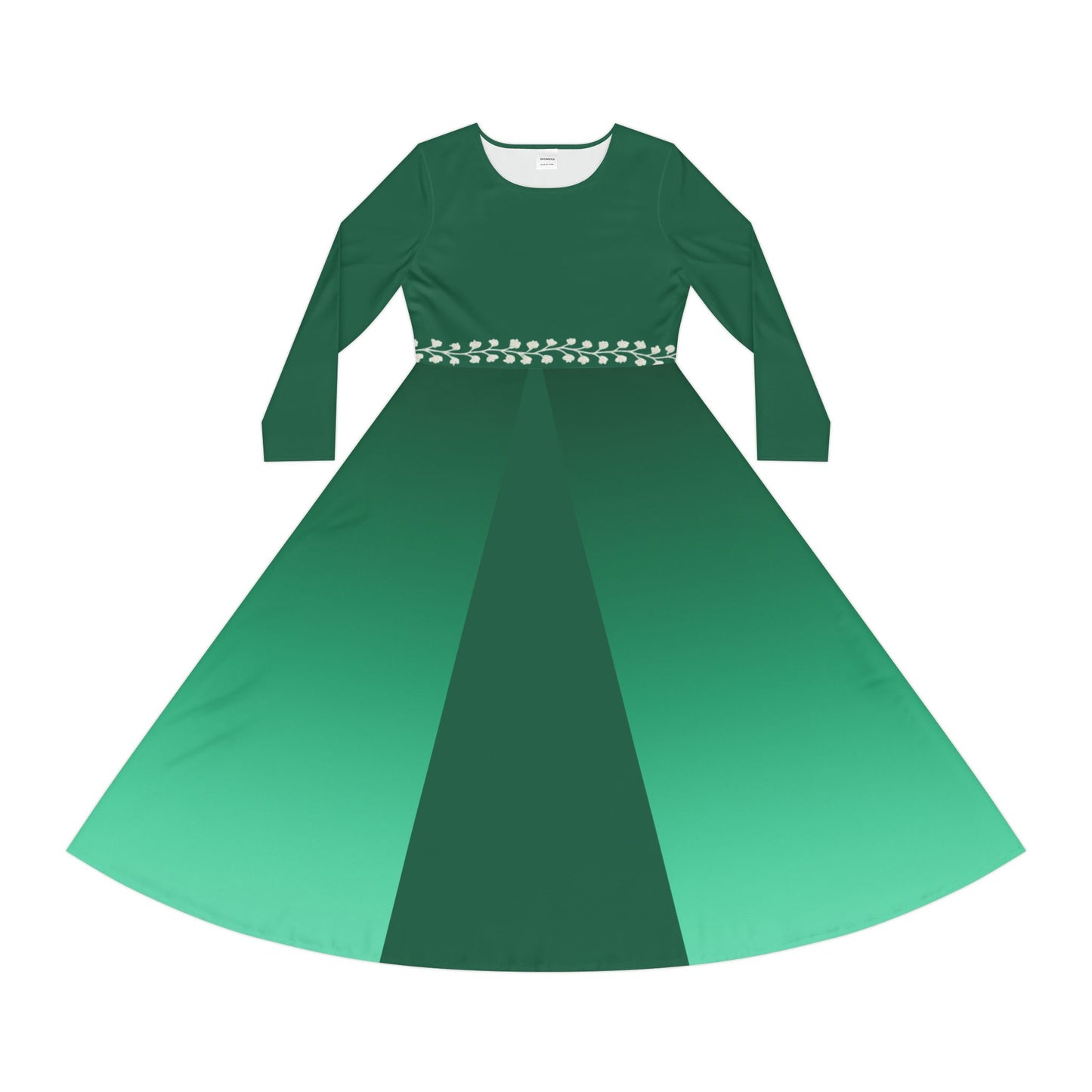 Ombre Midi Dress with White Vine Waist Emerald Long Sleeve Gradient Illusion Dress Elegant Fall Winter Dress Modest Formal or Casual Comfort