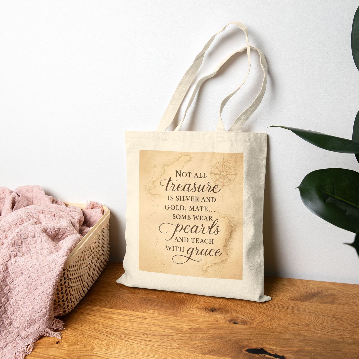 Cotton Canvas Tote Bag for Teachers - Not All Treasure is Silver and Gold, Beach & Travel Essential, Pirate Theme, Teacher Gift, Vintage Map