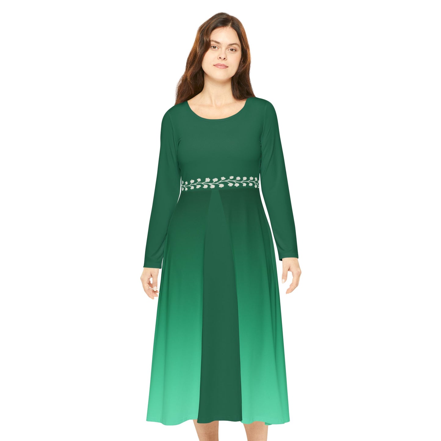 Ombre Midi Dress with White Vine Waist Emerald Long Sleeve Gradient Illusion Dress Elegant Fall Winter Dress Modest Formal or Casual Comfort