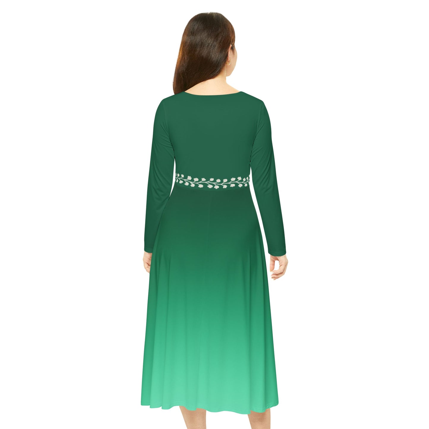 Dance Dress Ombre Emerald Midi Dress with Vine Waistband, Fall/Winter Illusion Design, Formal Evening Party Outfit Casual Wear, Elegant