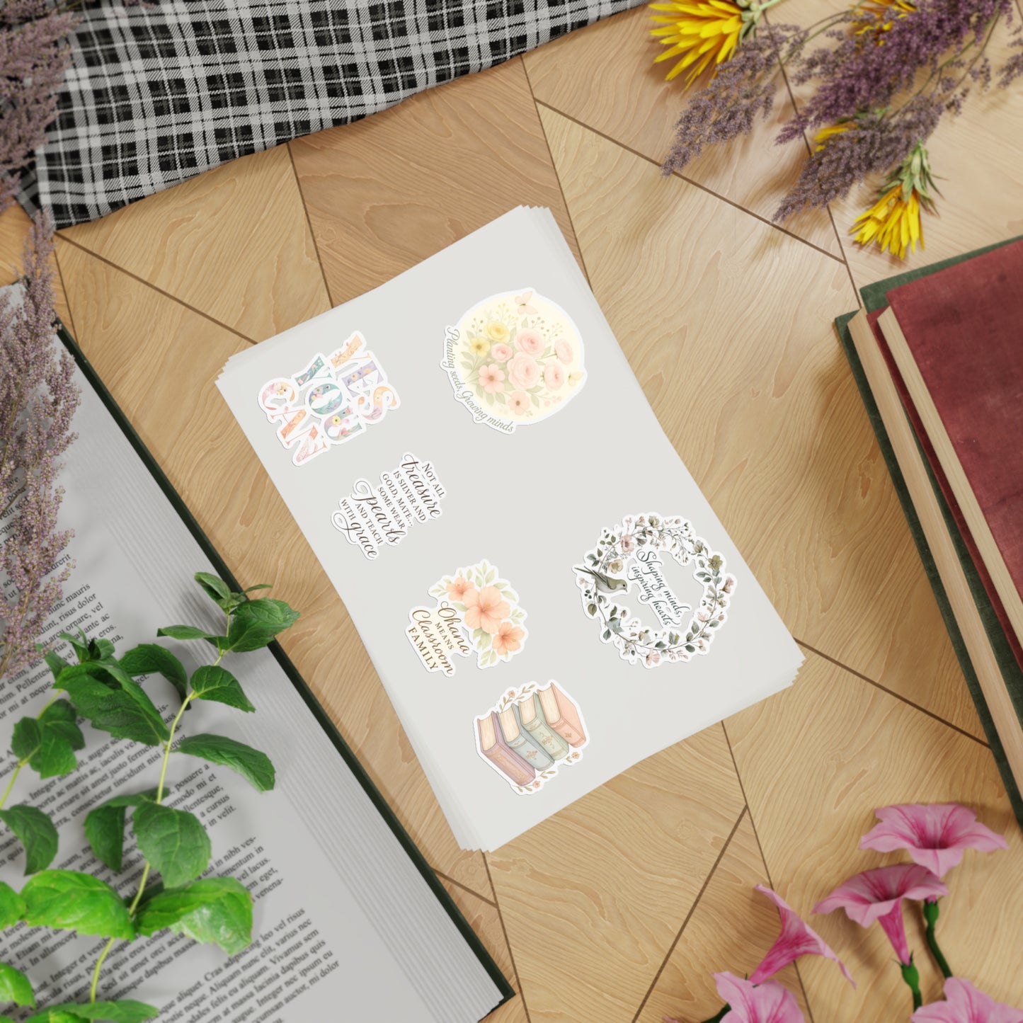 Teacher Sticker Sheet Bundle, Floral and Motivational Stickers, Planner Accessories, Scrapbooking, Teacher Gift, Stationery Decor