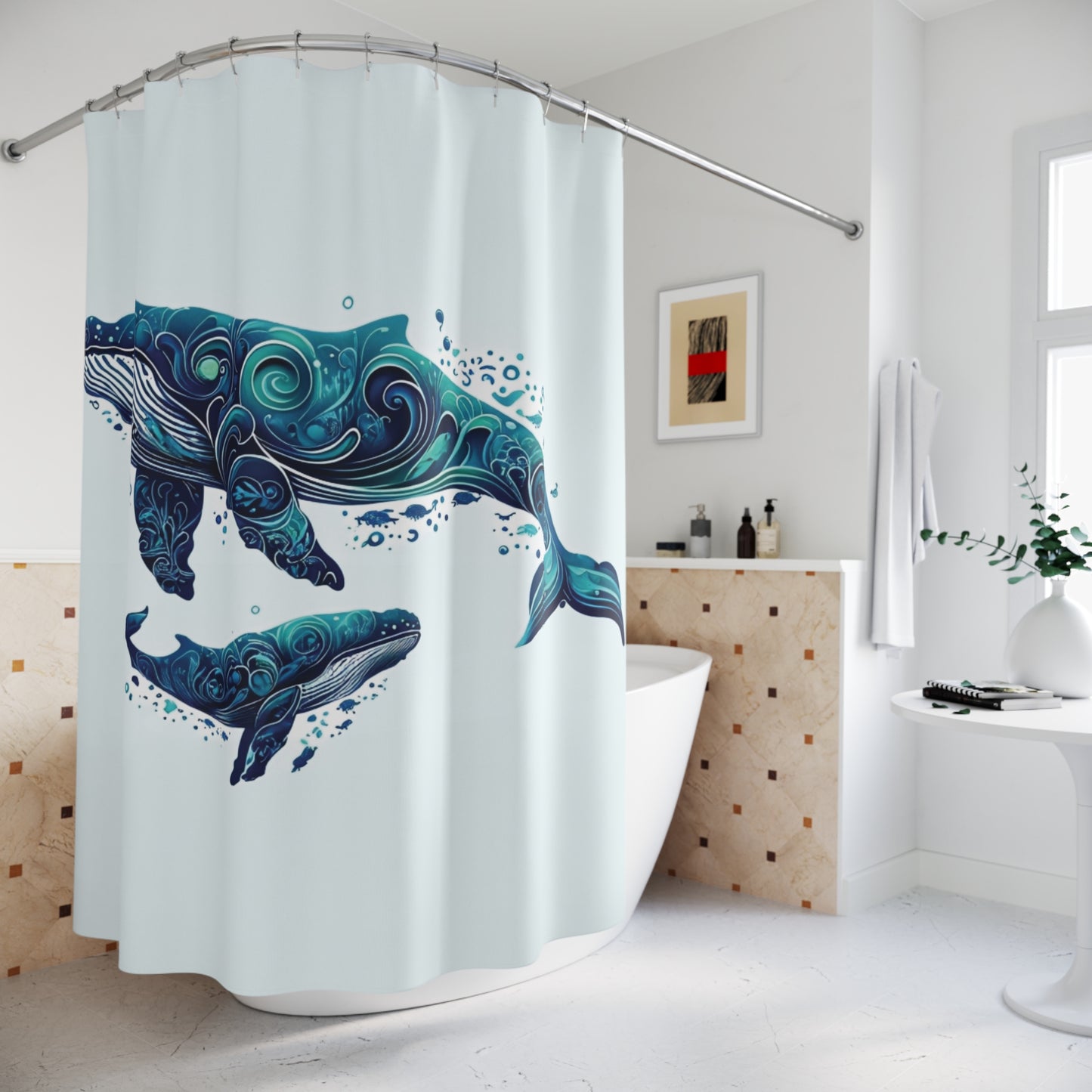 Blue Whale Shower Curtain - Marine Life Decor for Coastal Bathrooms