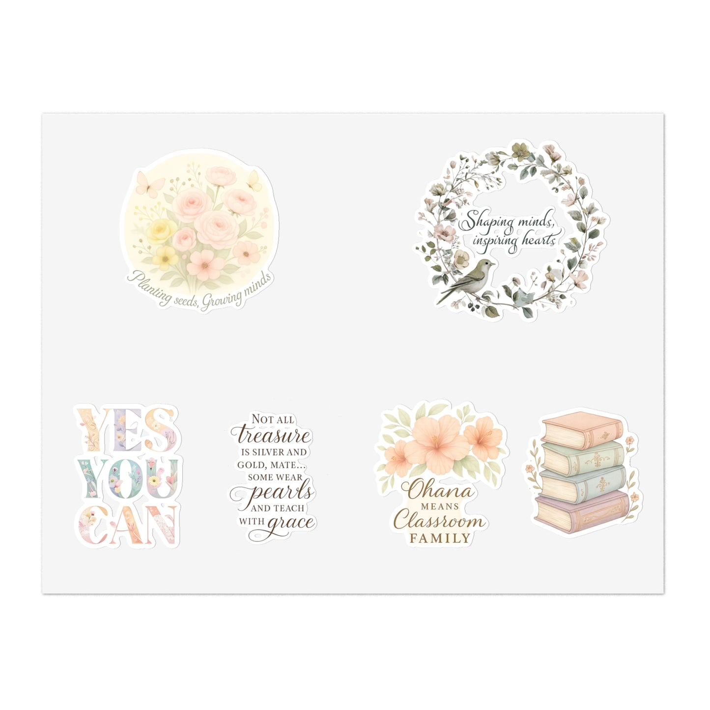 Teacher Sticker Sheet Bundle, Floral and Motivational Stickers, Planner Accessories, Scrapbooking, Teacher Gift, Stationery Decor