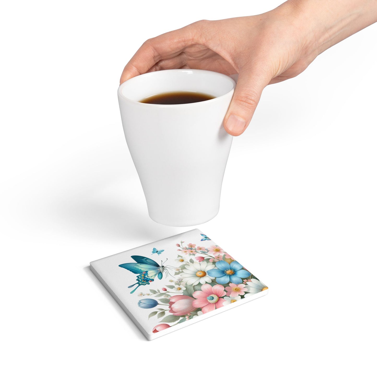 Floral Butterfly Ceramic Coaster - Elegant Drinkware Accessory