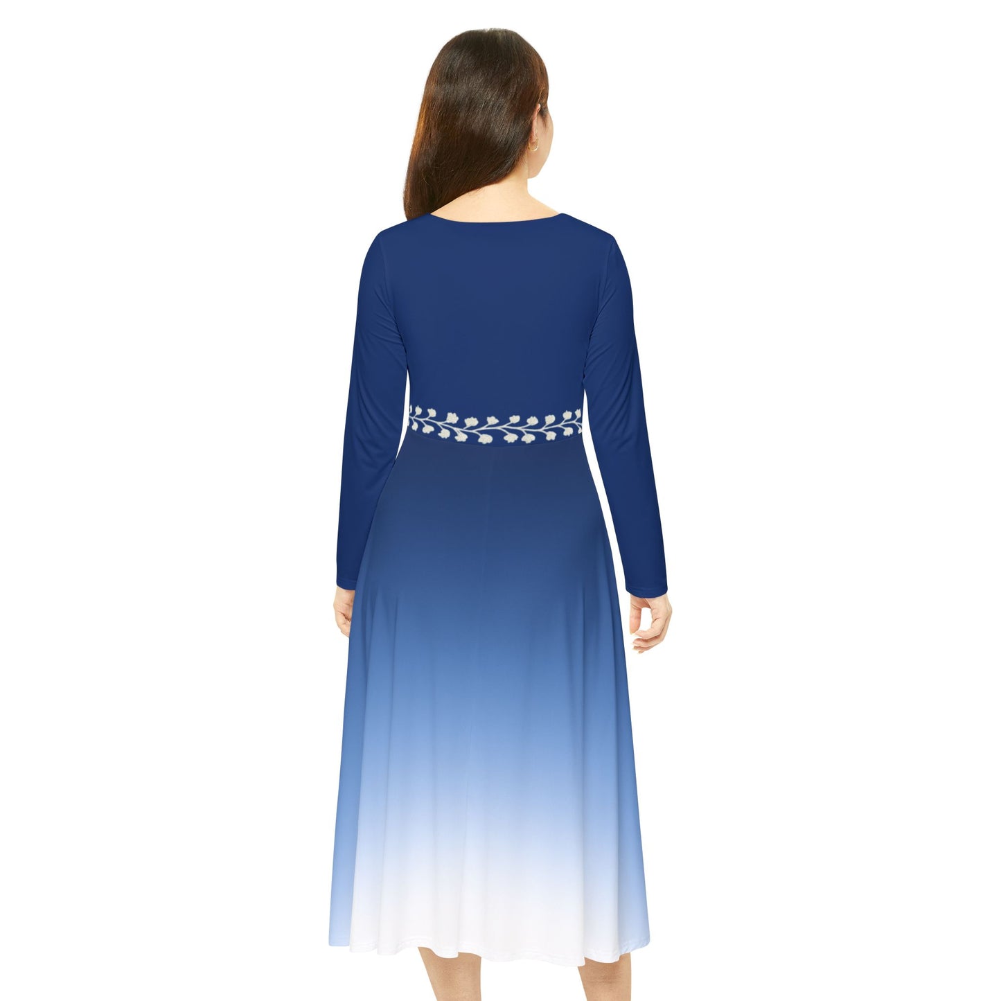 Gemstone Collection Dance Dress: Sapphire Ombre Women's Long Sleeve Elegant Modest Fall Winter Dress Vine Illusion Waistband Design Formal Evening or Casual