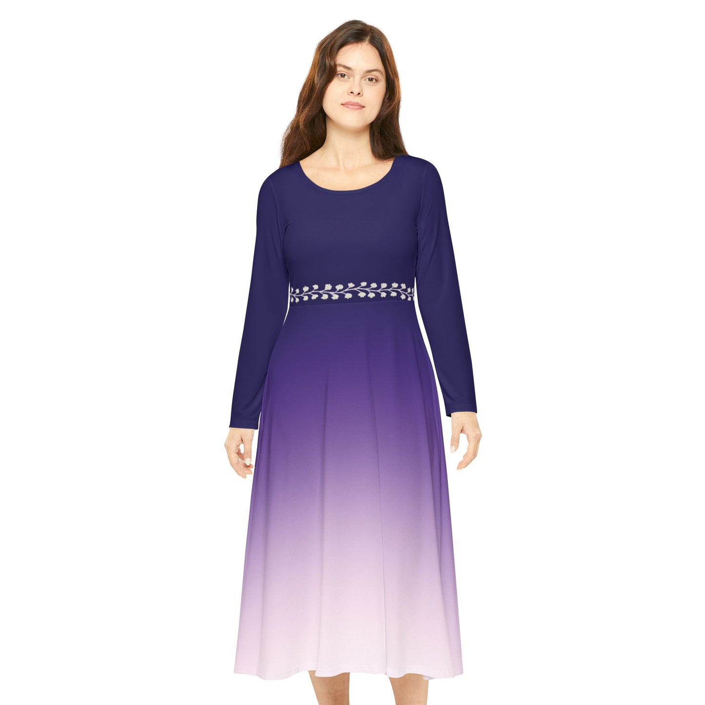 Dance Dress Tanzanite Navy Blue Purple Ombre Formal Casual Elegant Fall Winter Midi Modest Long Sleeve White Vine Detail Women's Plus Option