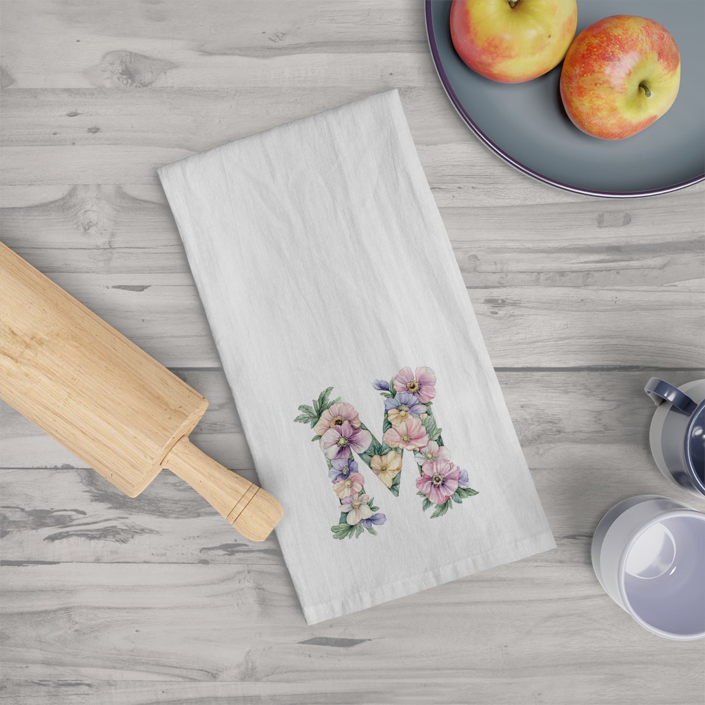 Floral Initial Tea Towel - Personalized Kitchen Decor - M for Mother's Day