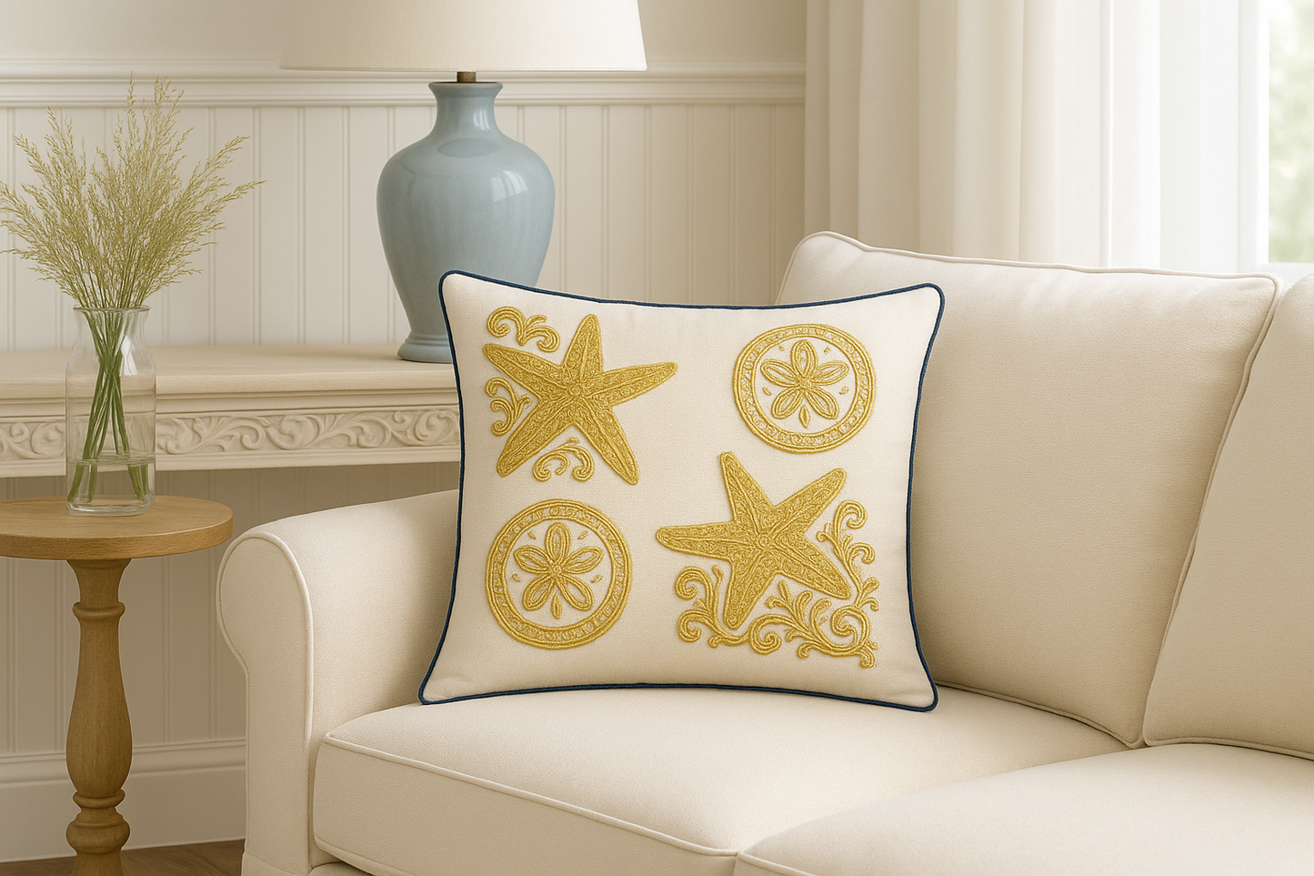 Coastal Chic Square Pillow with Starfish Design Beach Decor Home Accents Nautical Pillows Summer Vibes Gift Ideas Starfish and Sand Dollars House-warmer Gift