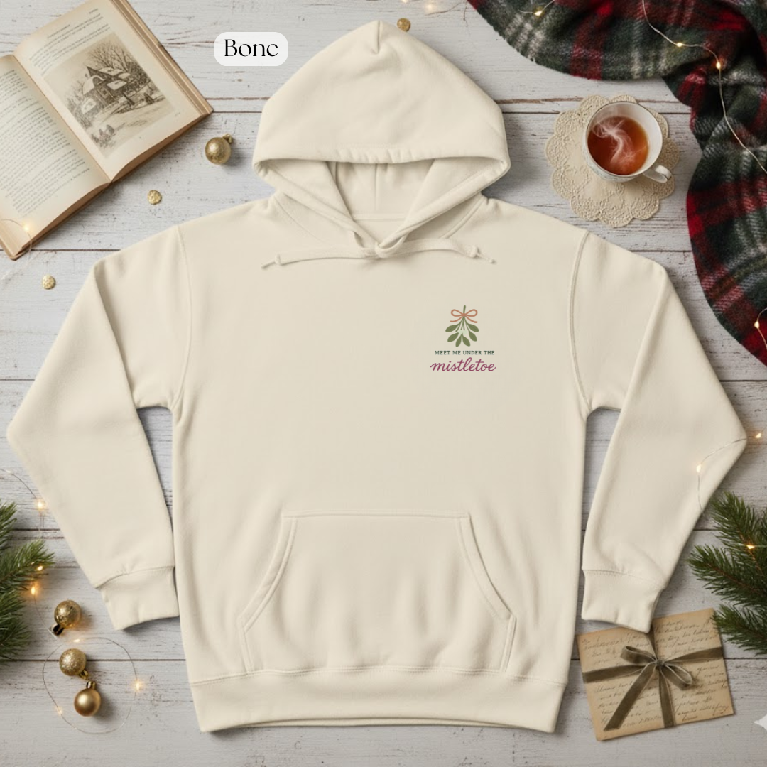 Embroidered Mistletoe Hoodie | Christmas Pullover | Minimalist Holiday Romance Gift | Vintage Crewneck Jumper