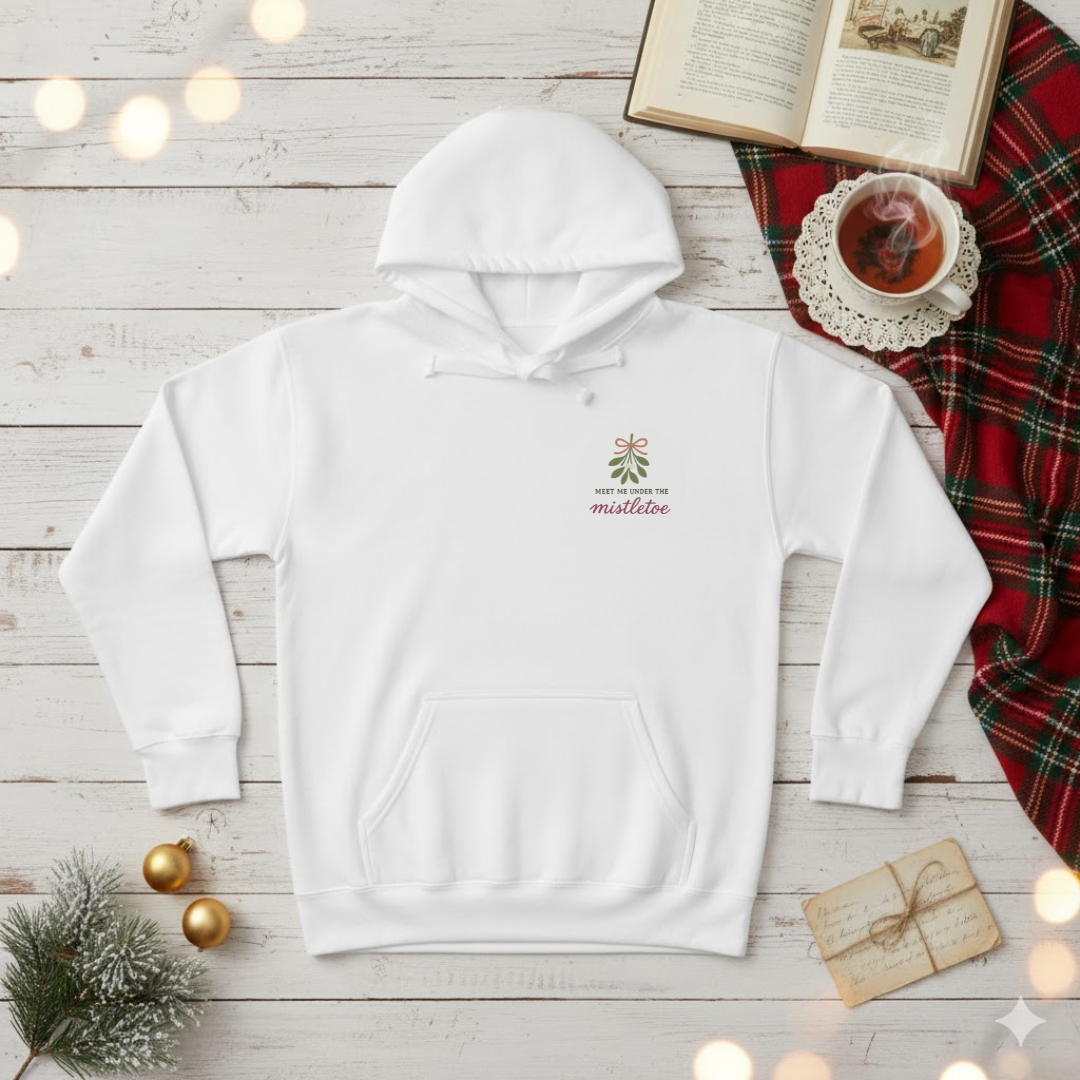 Embroidered Mistletoe Hoodie | Christmas Pullover | Minimalist Holiday Romance Gift | Vintage Crewneck Jumper