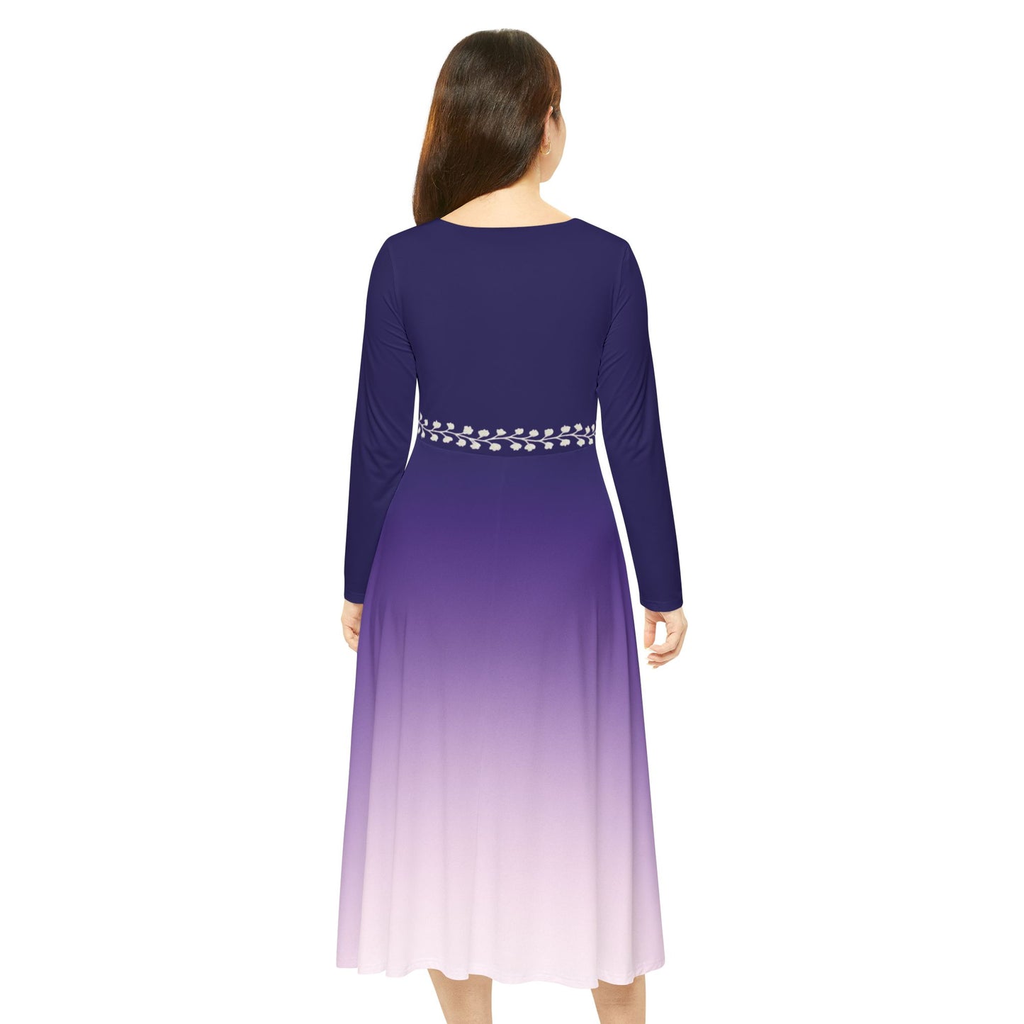Dance Dress Tanzanite Navy Blue Purple Ombre Formal Casual Elegant Fall Winter Midi Modest Long Sleeve White Vine Detail Women's Plus Option