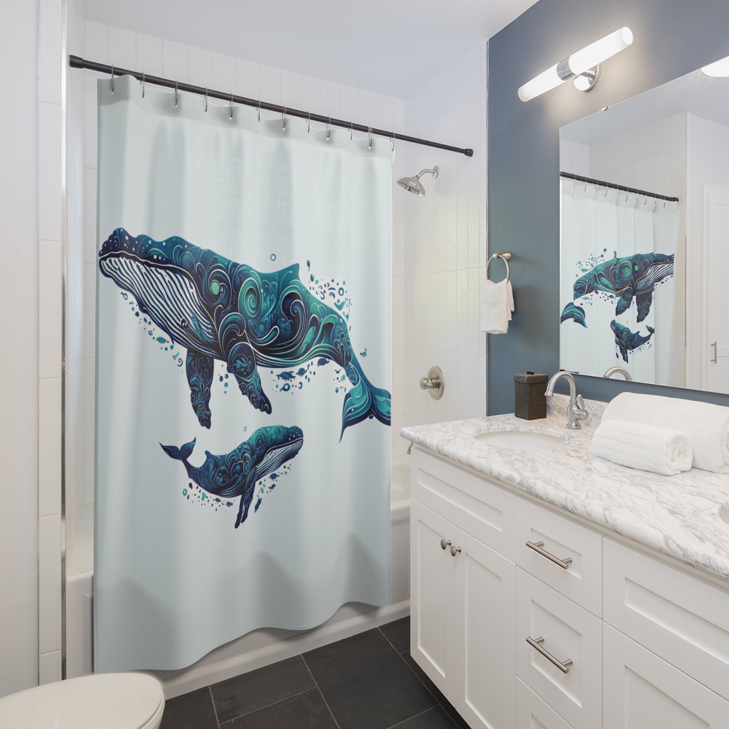 Blue Whale Shower Curtain - Marine Life Decor for Coastal Bathrooms