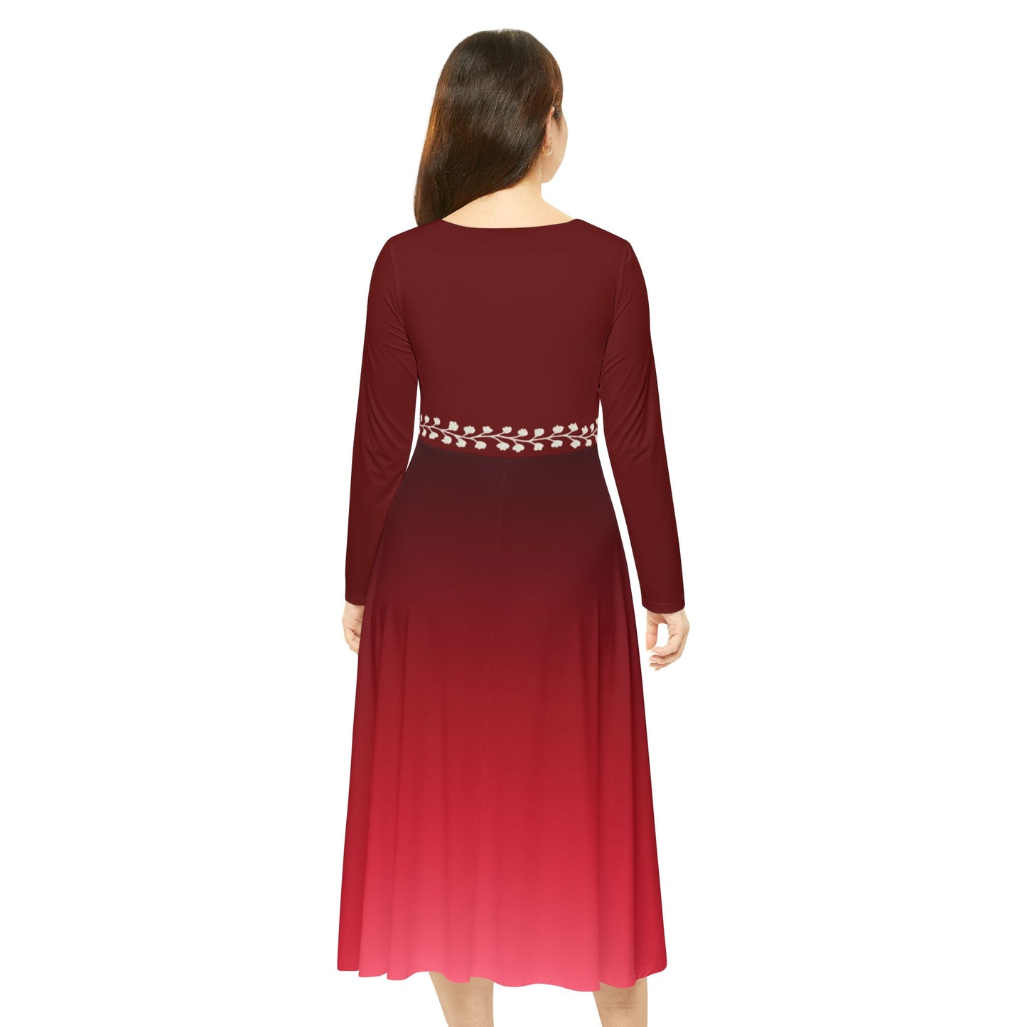 Dance Dress, Ruby Ombre Modest Long Sleeve Dance Dress, Fall Winter Formal White Vine Illusion Waist Design, Gemstone Collection