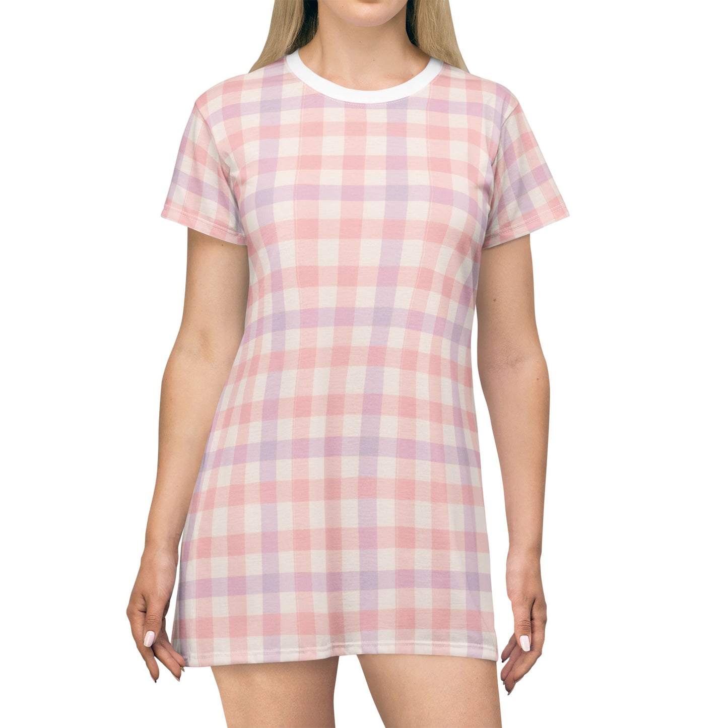 Chic Pastel Gingham T-Shirt Dress, Casual Summer Outfit, Relaxed Fit Dress, Everyday Wear, Perfect for Picnics, Brunch, and Gifts