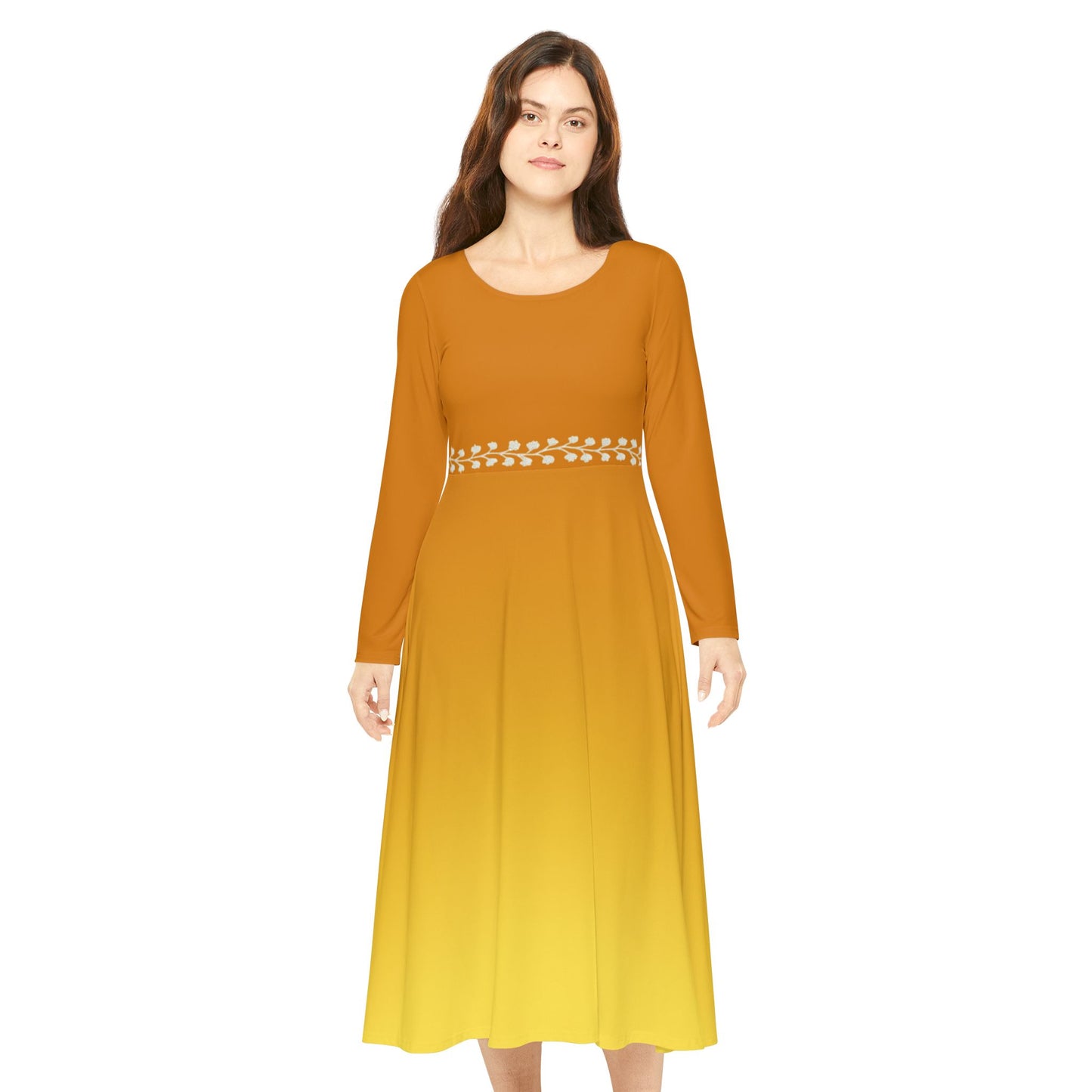 Dance Dress Topaz Ombre Long Sleeve Fall Winter Midi Formal or Casual White Vine Detail Modest Elegant