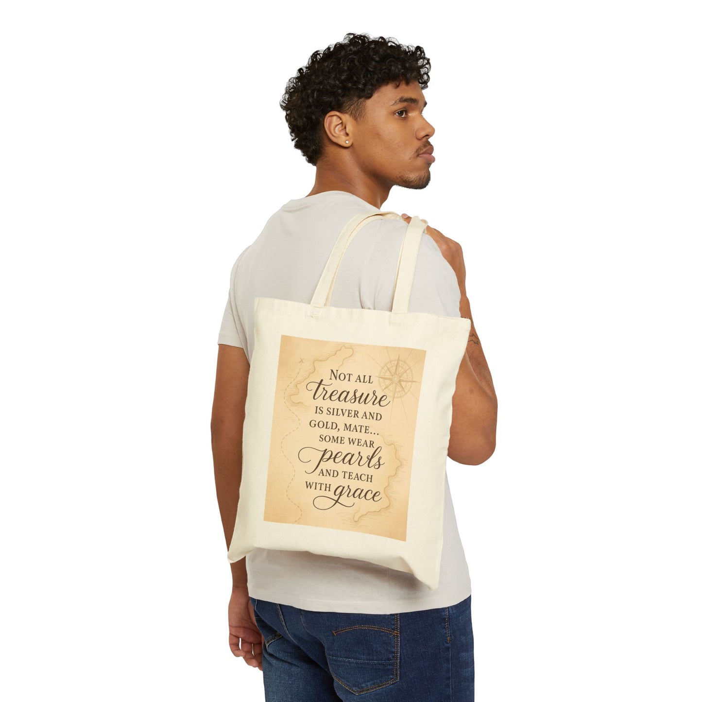 Cotton Canvas Tote Bag for Teachers - Not All Treasure is Silver and Gold, Beach & Travel Essential, Pirate Theme, Teacher Gift, Vintage Map