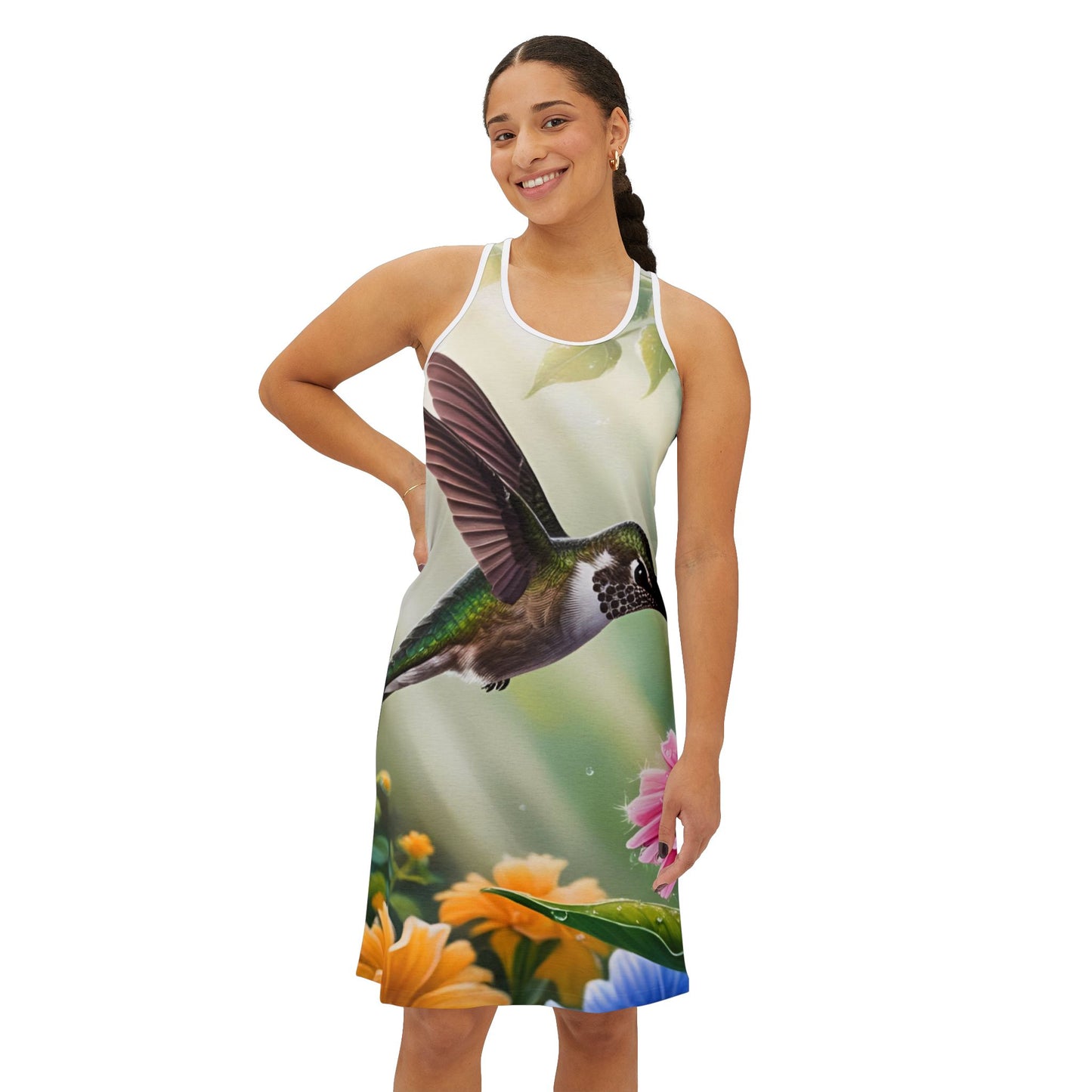 Majestic Hummingbird Racerback Dress, Summer Sun Dress, Casual Wear, Beach Day Out, Garden Party, Eco-Friendly Fashion, Nature Inspired