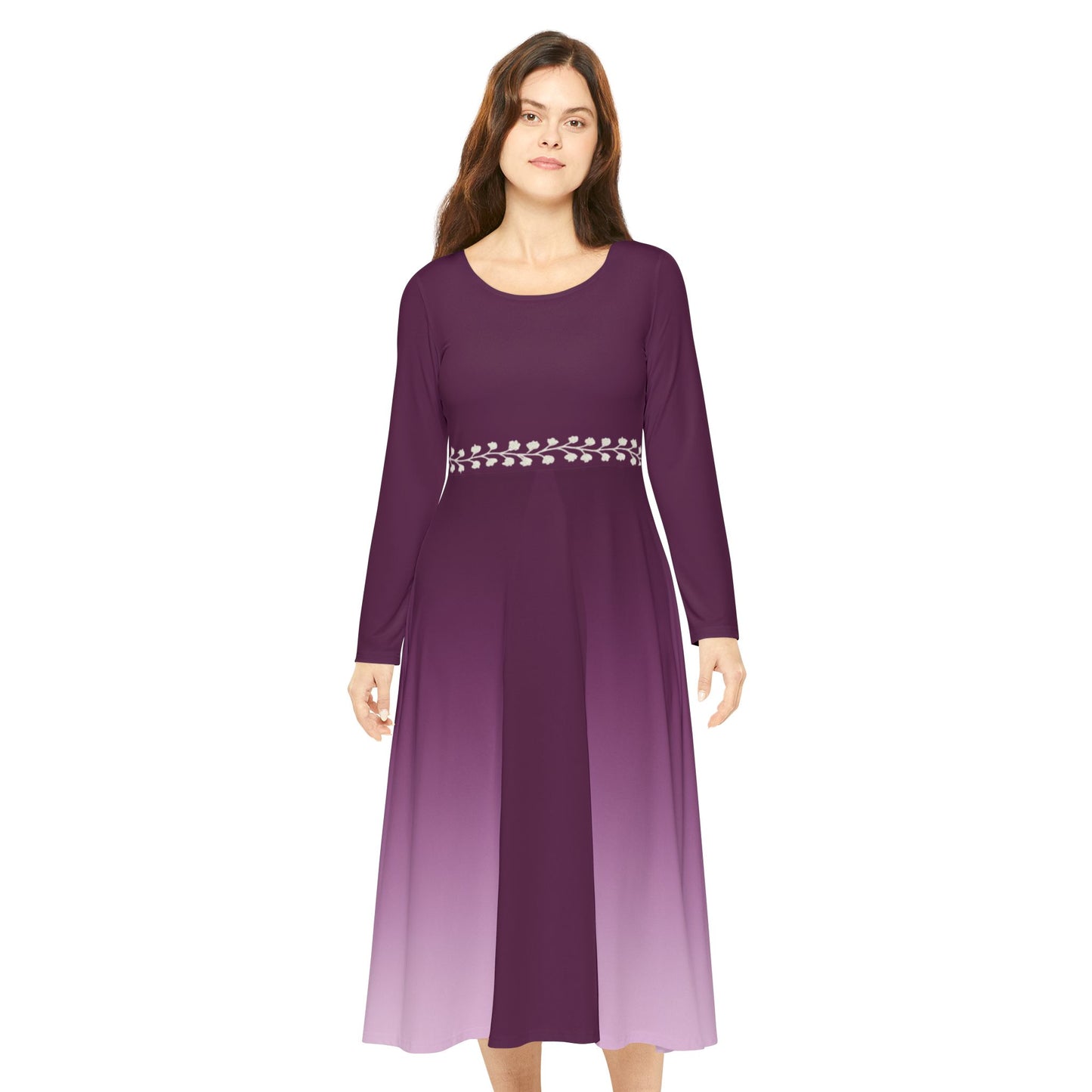 Ombre Midi Dress White Vine Waist Amethyst Long Sleeve Gradient Illusion Dress Elegant Fall Winter Dress Modest Formal or Casual Comfort