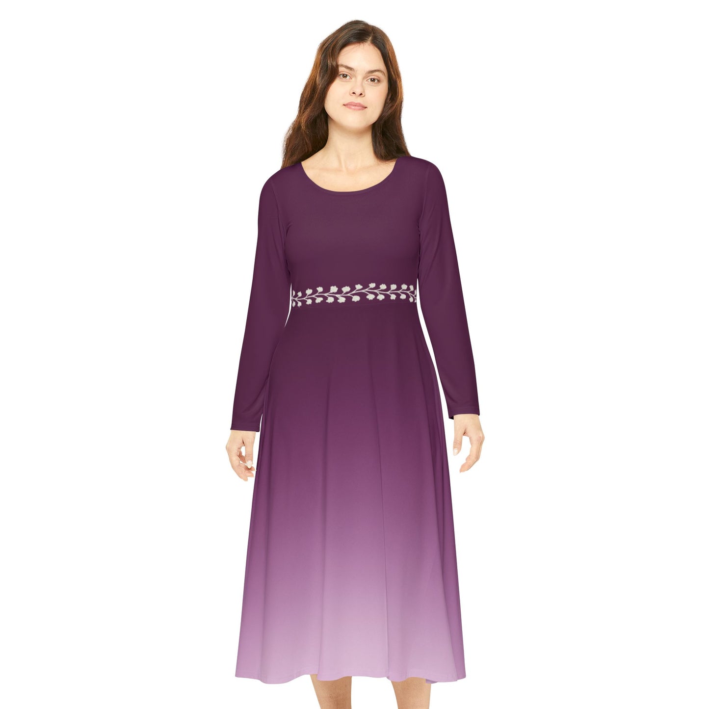 Dance Dress Amethyst Ombre Long Sleeve Modest Midi White Vine Belt Illusion Fall Winter Casual Purple Gemstone Collection