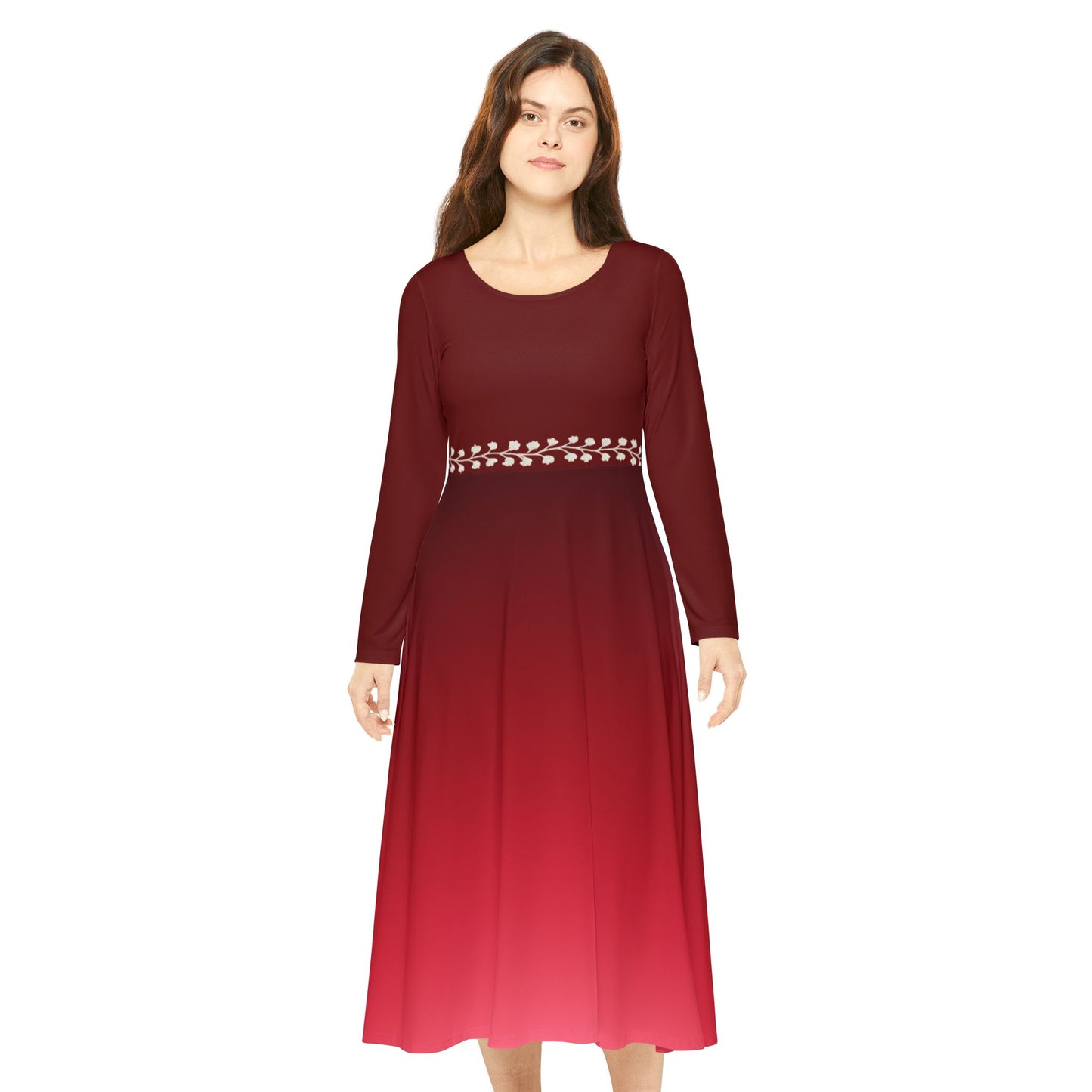 Dance Dress, Ruby Ombre Modest Long Sleeve Dance Dress, Fall Winter Formal White Vine Illusion Waist Design, Gemstone Collection