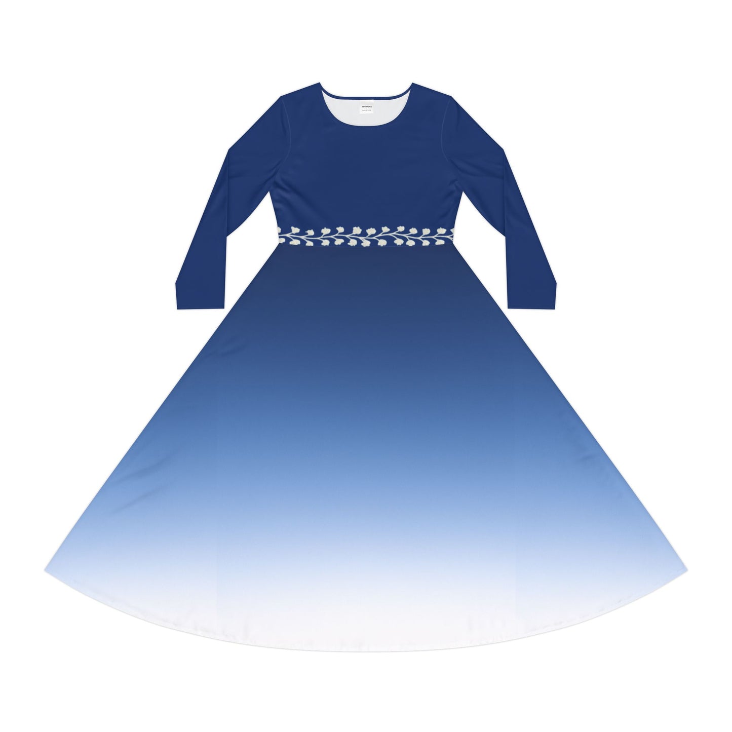 Gemstone Collection Dance Dress: Sapphire Ombre Women's Long Sleeve Elegant Modest Fall Winter Dress Vine Illusion Waistband Design Formal Evening or Casual