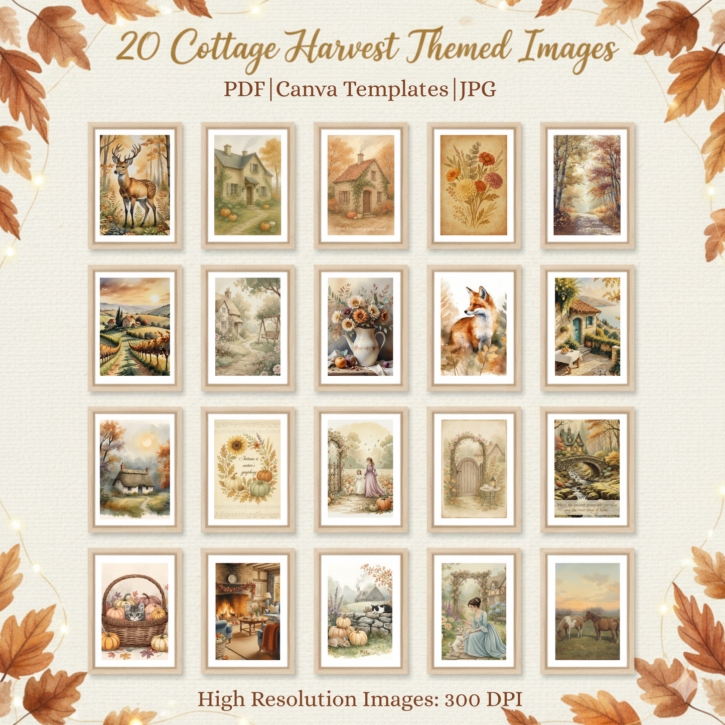 Cottage Harvest Fall Wall Art Bundle Printable, Watercolour, Multi-Size PDF, JPG, Canva Template