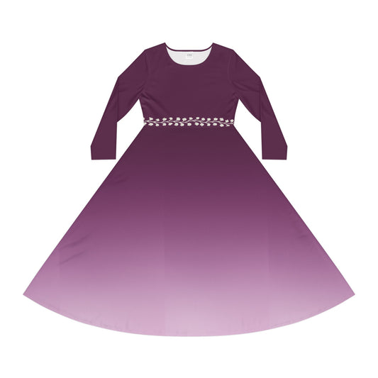 Dance Dress Amethyst Ombre Long Sleeve Modest Midi White Vine Belt Illusion Fall Winter Casual Purple Gemstone Collection