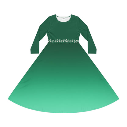 Dance Dress Ombre Emerald Midi Dress with Vine Waistband, Fall/Winter Illusion Design, Formal Evening Party Outfit Casual Wear, Elegant