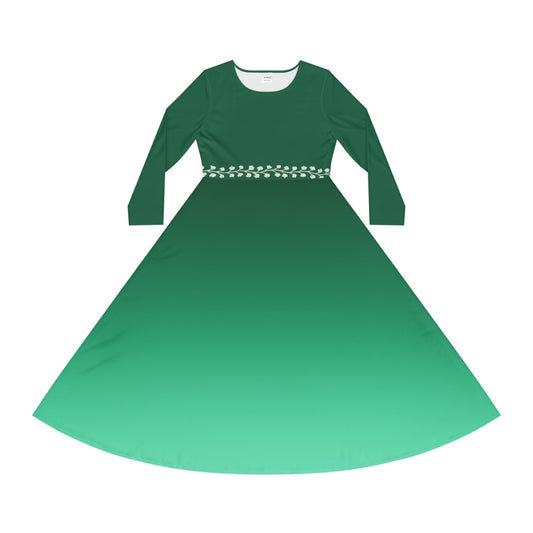 Dance Dress Ombre Emerald Midi Dress with Vine Waistband, Fall/Winter Illusion Design, Formal Evening Party Outfit Casual Wear, Elegant