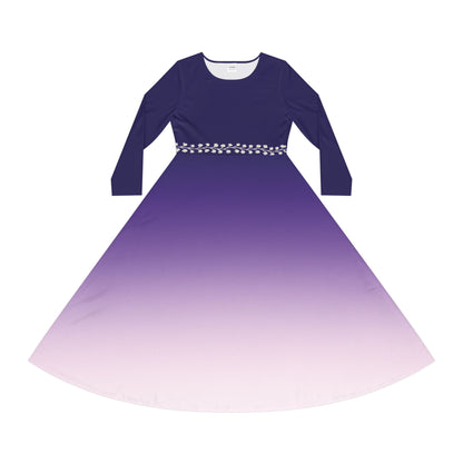 Dance Dress Tanzanite Navy Blue Purple Ombre Formal Casual Elegant Fall Winter Midi Modest Long Sleeve White Vine Detail Women's Plus Option