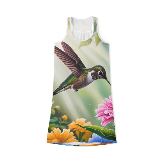 Majestic Hummingbird Racerback Dress, Summer Sun Dress, Casual Wear, Beach Day Out, Garden Party, Eco-Friendly Fashion, Nature Inspired