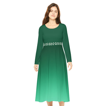Dance Dress Ombre Emerald Midi Dress with Vine Waistband, Fall/Winter Illusion Design, Formal Evening Party Outfit Casual Wear, Elegant