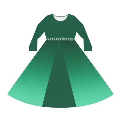 Ombre Midi Dress with White Vine Waist Emerald Long Sleeve Gradient Illusion Dress Elegant Fall Winter Dress Modest Formal or Casual Comfort