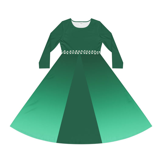Ombre Midi Dress with White Vine Waist Emerald Long Sleeve Gradient Illusion Dress Elegant Fall Winter Dress Modest Formal or Casual Comfort