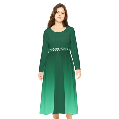 Ombre Midi Dress with White Vine Waist Emerald Long Sleeve Gradient Illusion Dress Elegant Fall Winter Dress Modest Formal or Casual Comfort