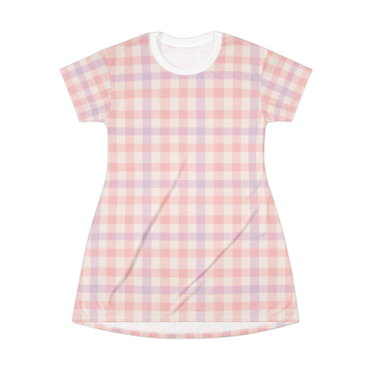 Chic Pastel Gingham T-Shirt Dress, Casual Summer Outfit, Relaxed Fit Dress, Everyday Wear, Perfect for Picnics, Brunch, and Gifts