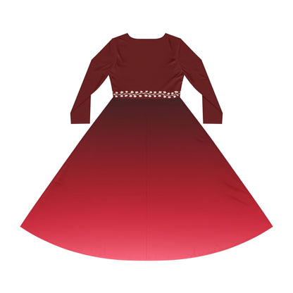 Dance Dress, Ruby Ombre Modest Long Sleeve Dance Dress, Fall Winter Formal White Vine Illusion Waist Design, Gemstone Collection