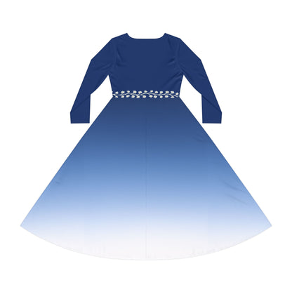 Ombre Midi Dress White Vine Waist Sapphire Long Sleeve Gradient Illusion Modest Dress Elegant Fall Winter Dress Formal or Casual Comfort