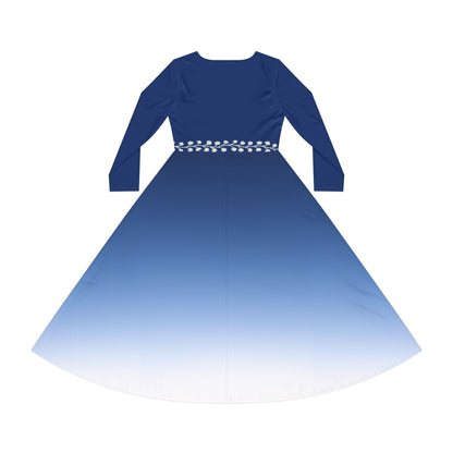 Gemstone Collection Dance Dress: Sapphire Ombre Women's Long Sleeve Elegant Modest Fall Winter Dress Vine Illusion Waistband Design Formal Evening or Casual