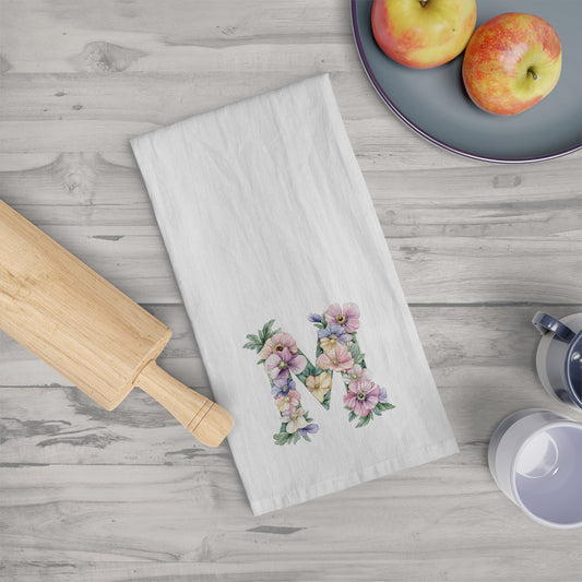 Floral Initial Tea Towel - Personalized Kitchen Decor - M for Mother's Day