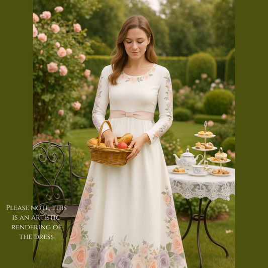 Floral Modest White Dress Midi Romantic Long Sleeve Cottagecore Dress for Spring Events Summer Parties Garden Party Dress Roses and Lavender