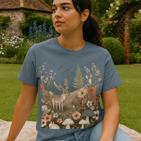 Whimsical Nature Cottagecore T-Shirt Floral Deer and Bunny Nature Tee Eco-Friendly Shirt Outdoor Lover Gift Vintage Spring/Summer Apparel
