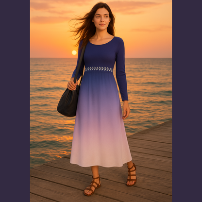 Dance Dress Tanzanite Navy Blue Purple Ombre Formal Casual Elegant Fall Winter Midi Modest Long Sleeve White Vine Detail Women's Plus Option